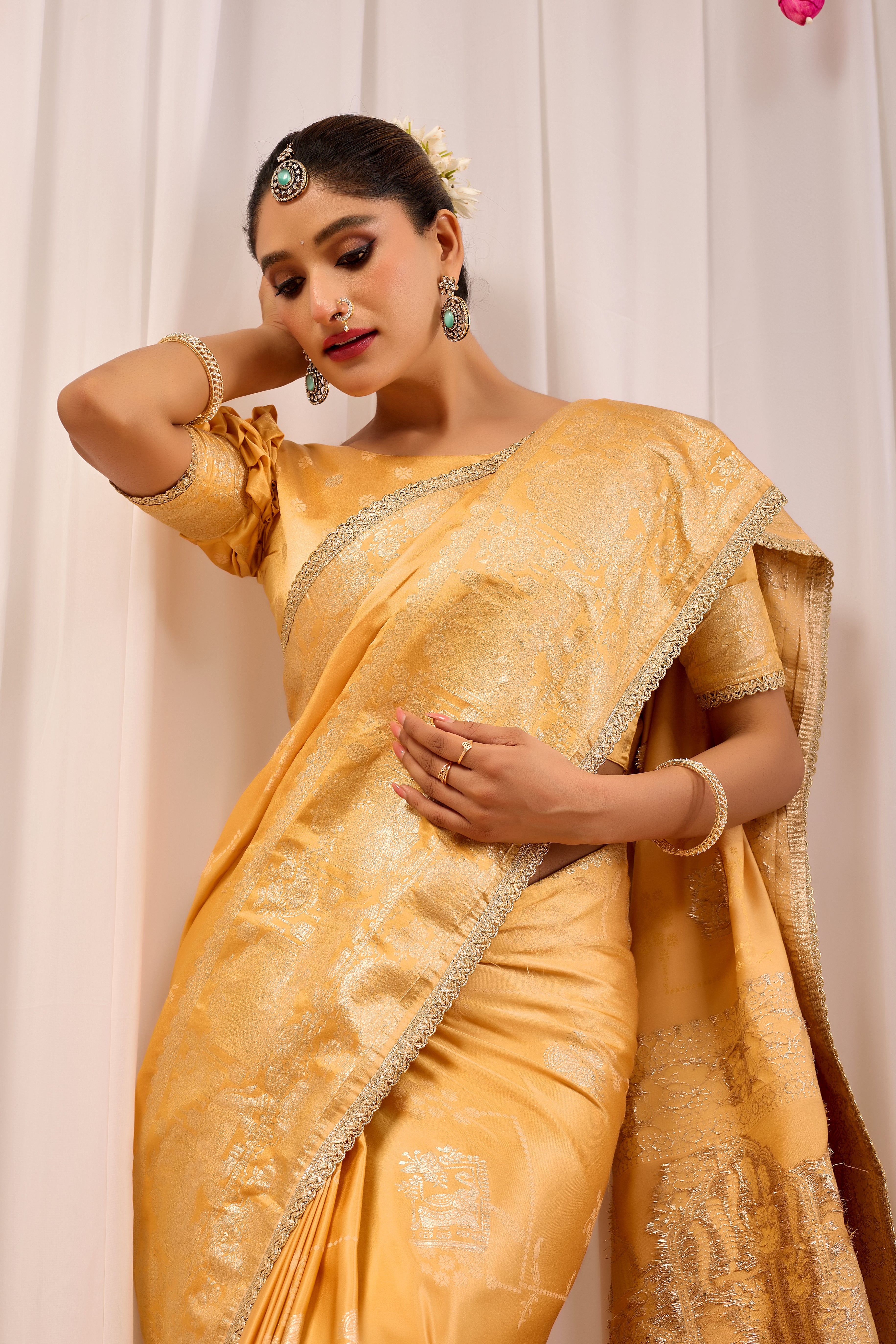 Golden Amber Heritage Satin Silk Saree with Subtle Zari Elegance