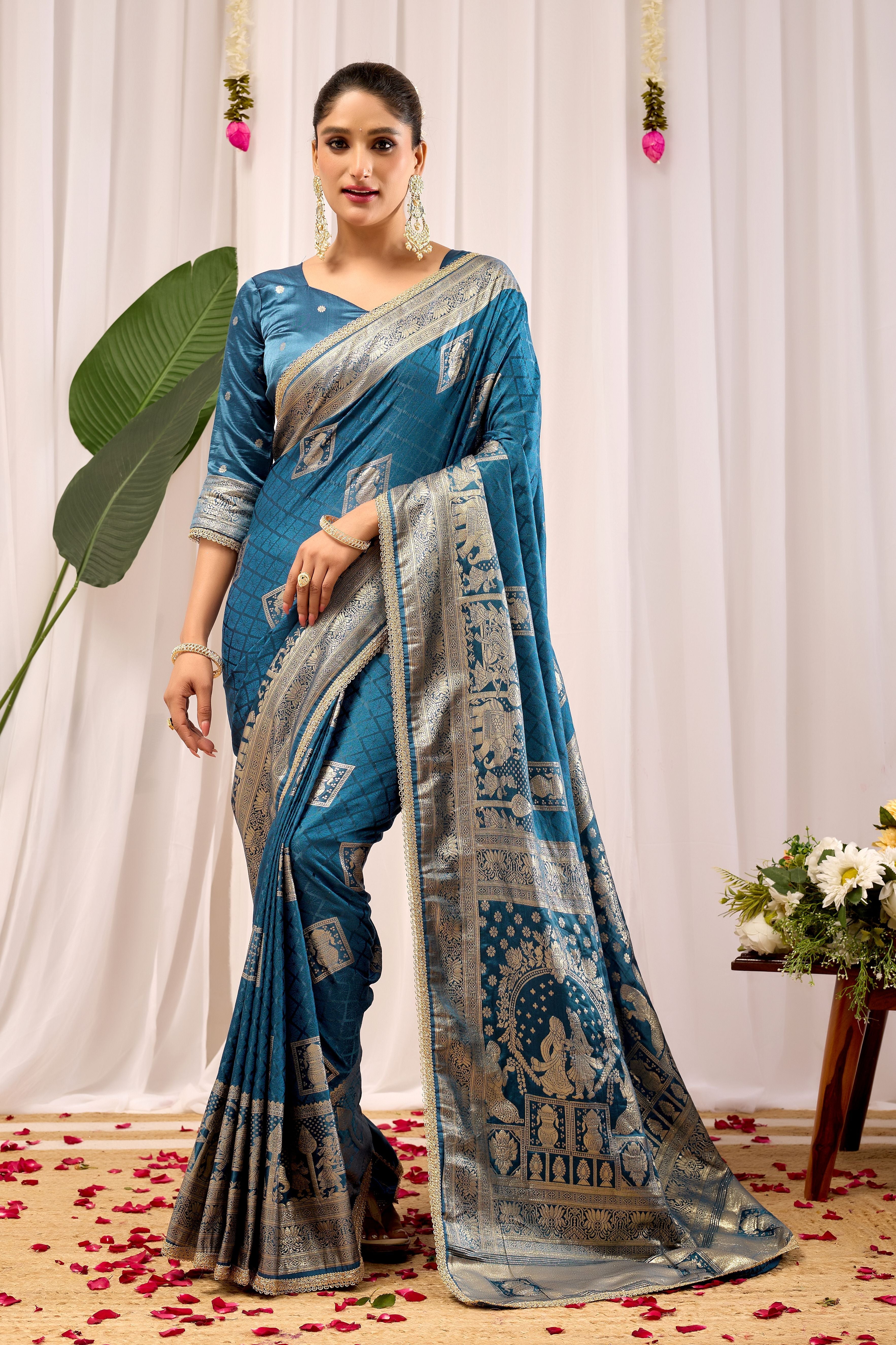 Teal Blue Soft Silk by Icultuer with Intricate Woven Motifs, Rich Zari Border and Designer Traditional Pallu