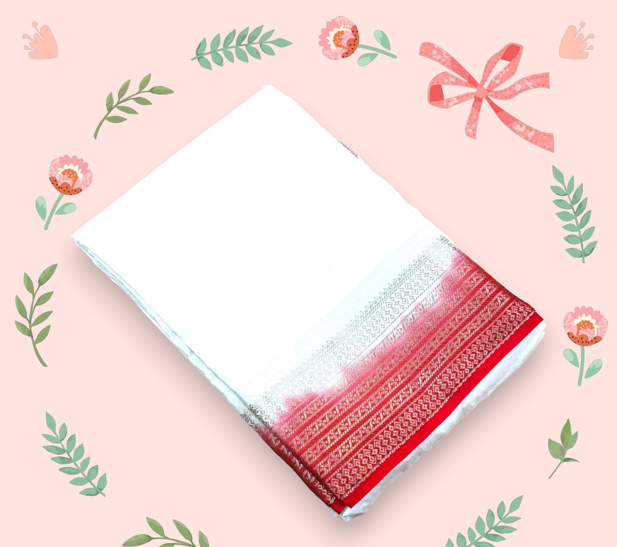 White Soft Silk Saree with Red Border – Classic Elegance in Every Drape