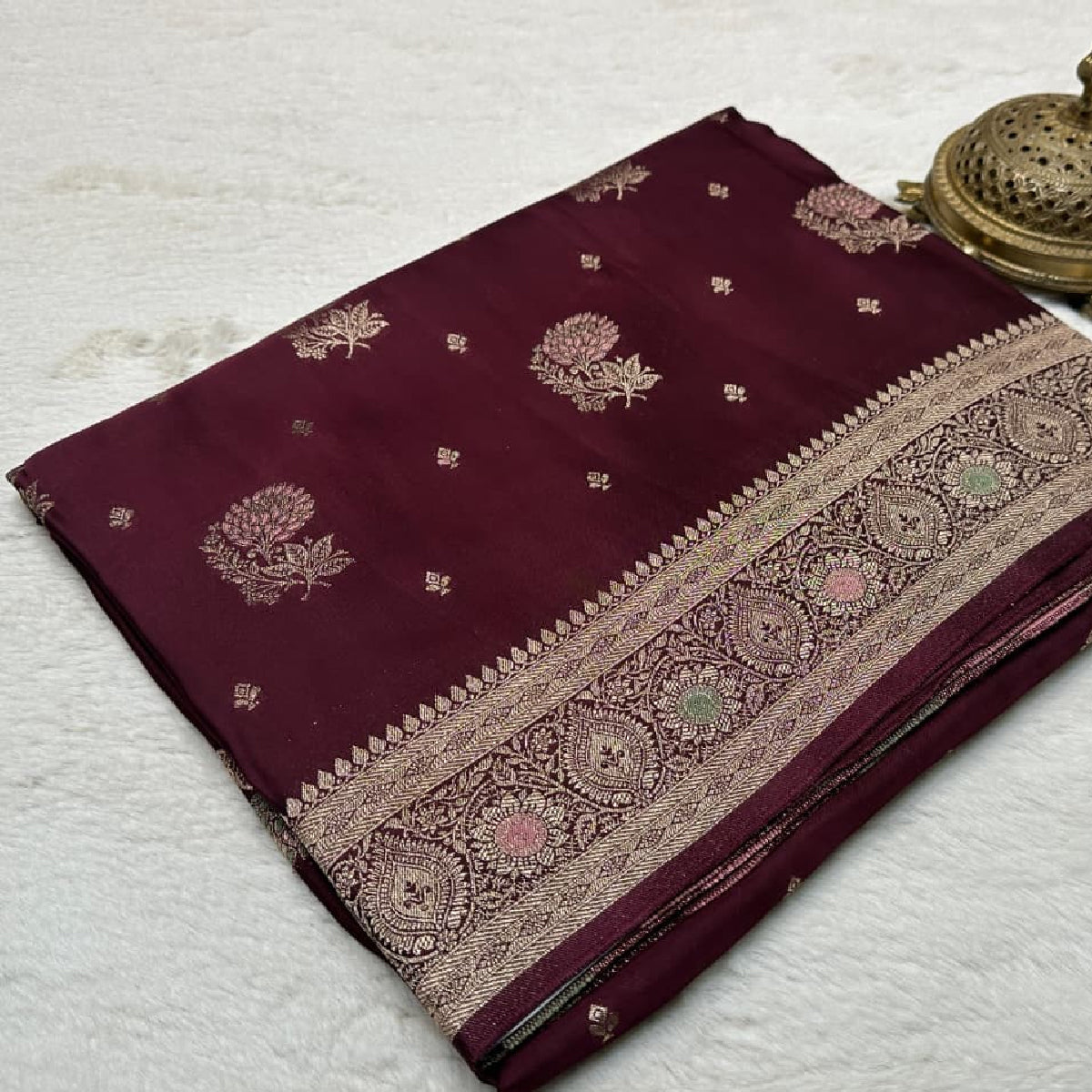 Wine Maroon Kanchipuram Soft Silk by Icultuer with Gold Zari Butta