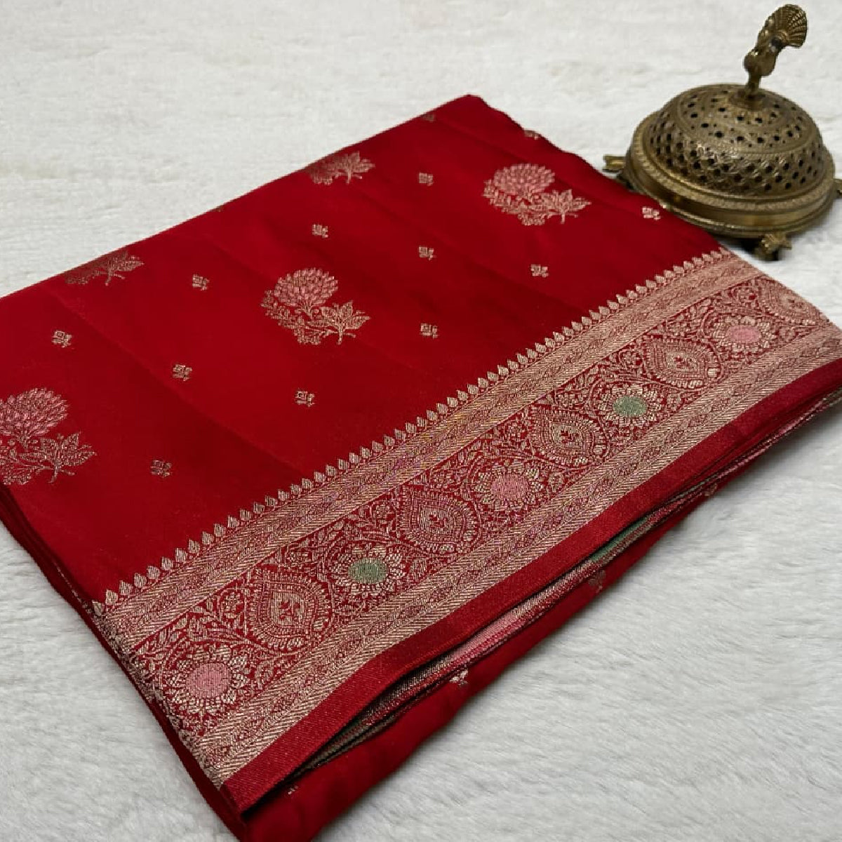 Red Kanchipuram Soft Silk by Icultuer with Heavy Zari Border & Meena Butta