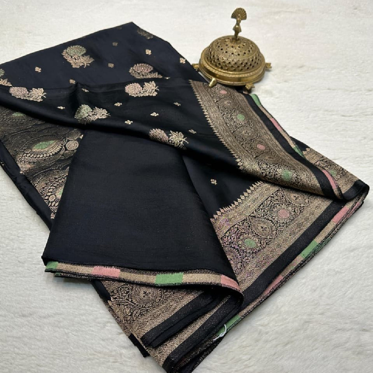 Stunning Black Kanchipuram Soft Silk by Icultuer with Golden Zari Work