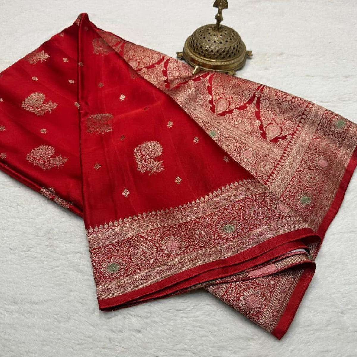 Red Kanchipuram Soft Silk by Icultuer with Heavy Zari Border & Meena Butta