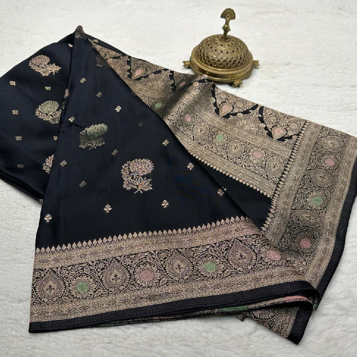 Stunning Black Kanchipuram Soft Silk by Icultuer with Golden Zari Work