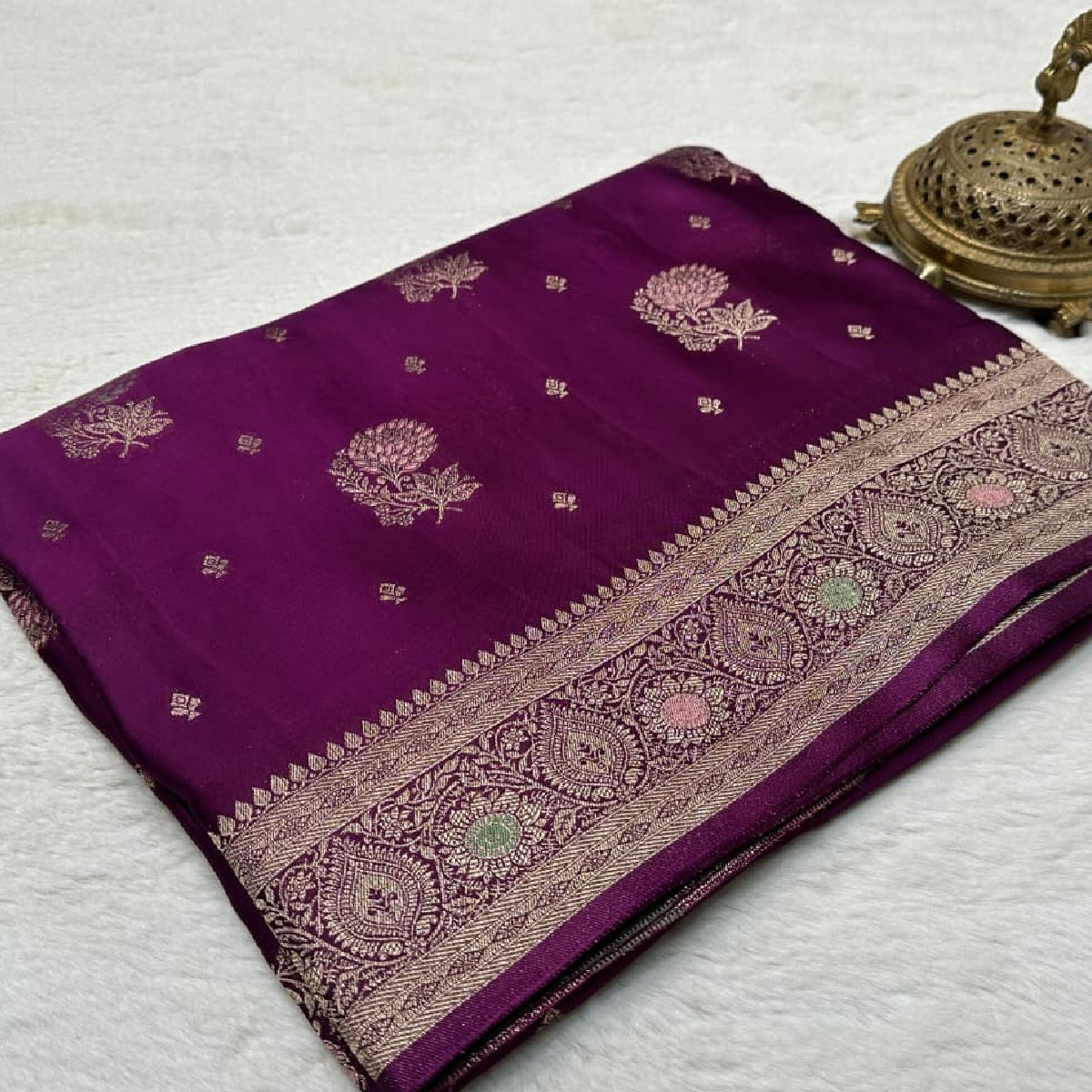 Deep Magenta Wine Kanchipuram Soft Silk by Icultuer with Gold Zari Work