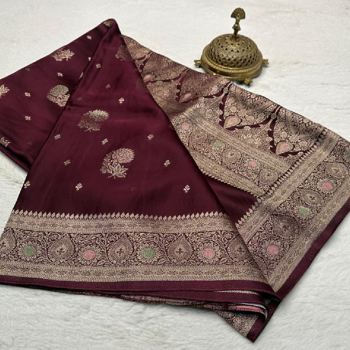 Wine Maroon Kanchipuram Soft Silk by Icultuer with Gold Zari Butta