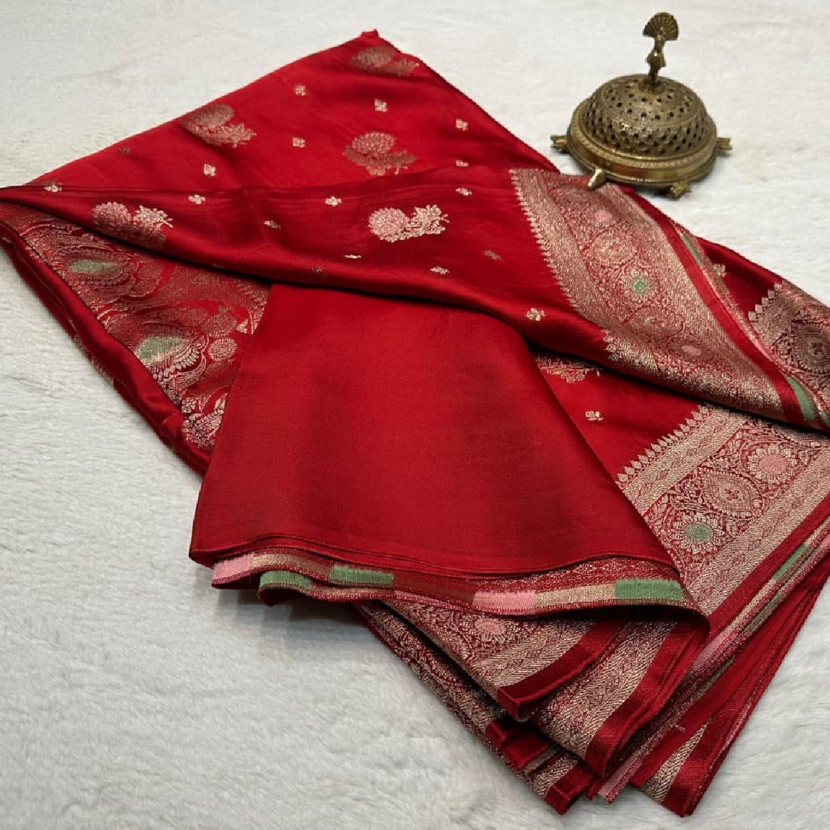 Red Kanchipuram Soft Silk by Icultuer with Heavy Zari Border & Meena Butta