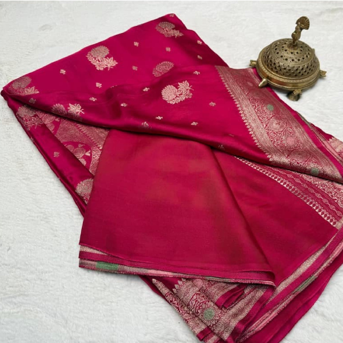 Vibrant Rani Pink Kanchipuram Soft Silk by Icultuer with Heavy Zari Border