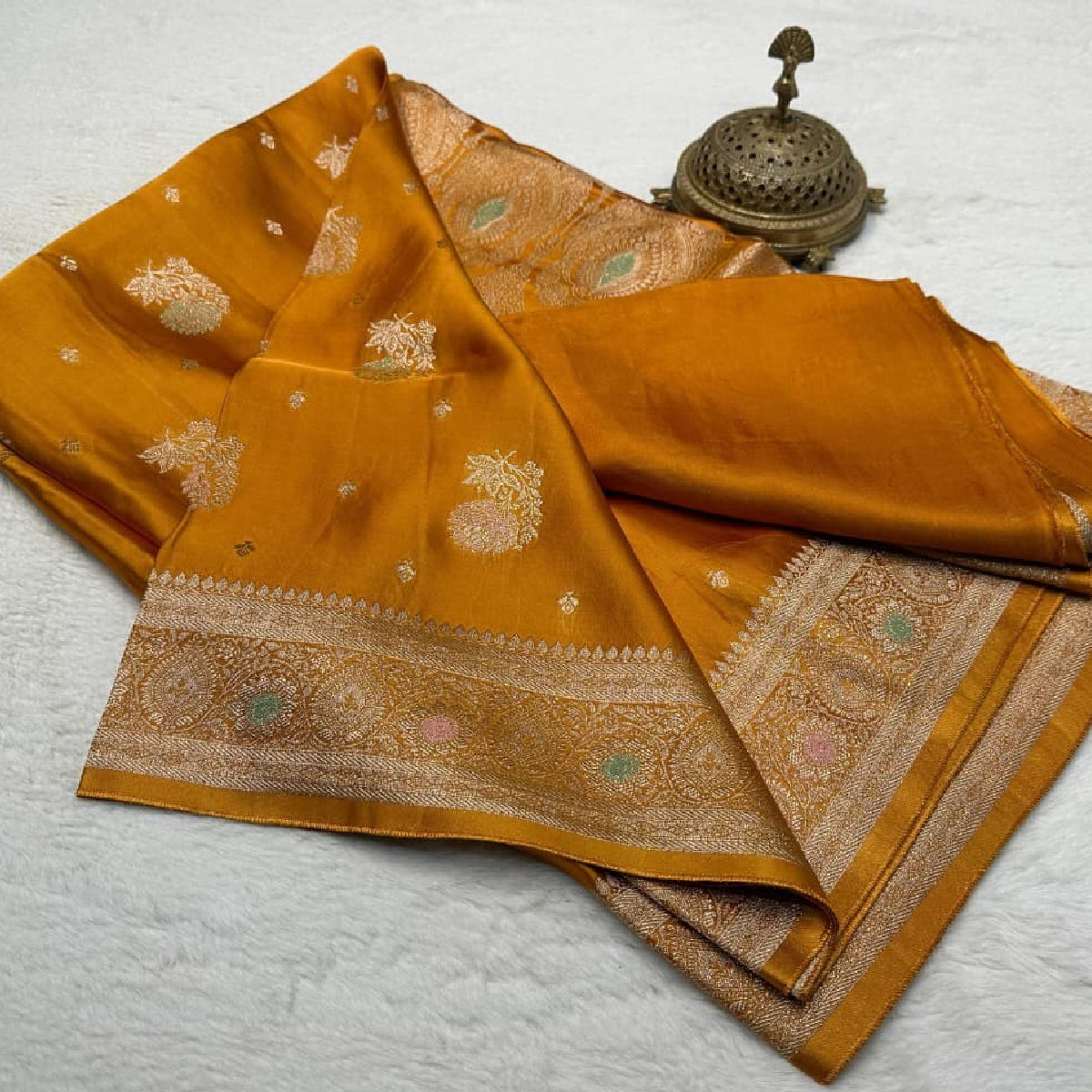 Mustard Yellow Kanchipuram Soft Silk by Icultuer with Gold Zari Work