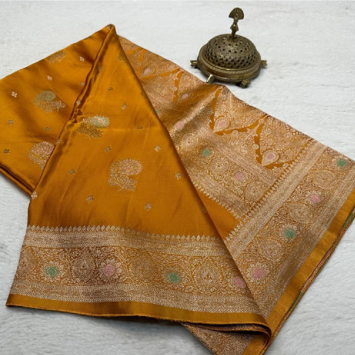 Mustard Yellow Kanchipuram Soft Silk by Icultuer with Gold Zari Work