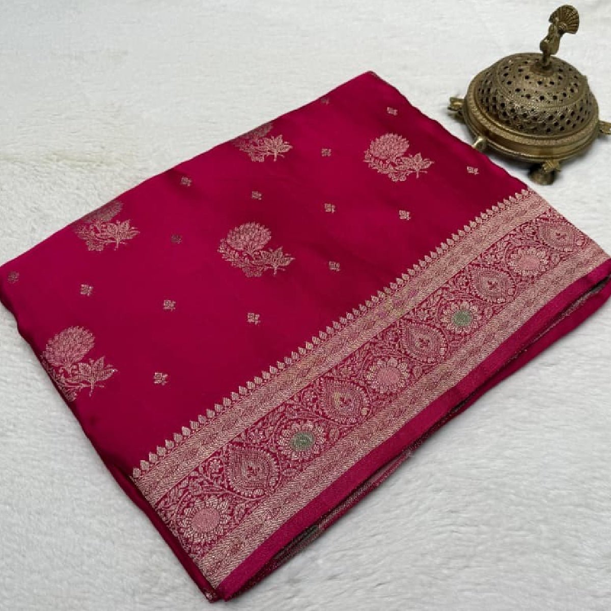 Vibrant Rani Pink Kanchipuram Soft Silk by Icultuer with Heavy Zari Border