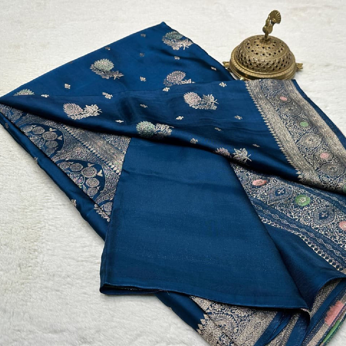 Royal Navy Blue Kanchipuram Soft Silk by Icultuer with Heavy Zari Border