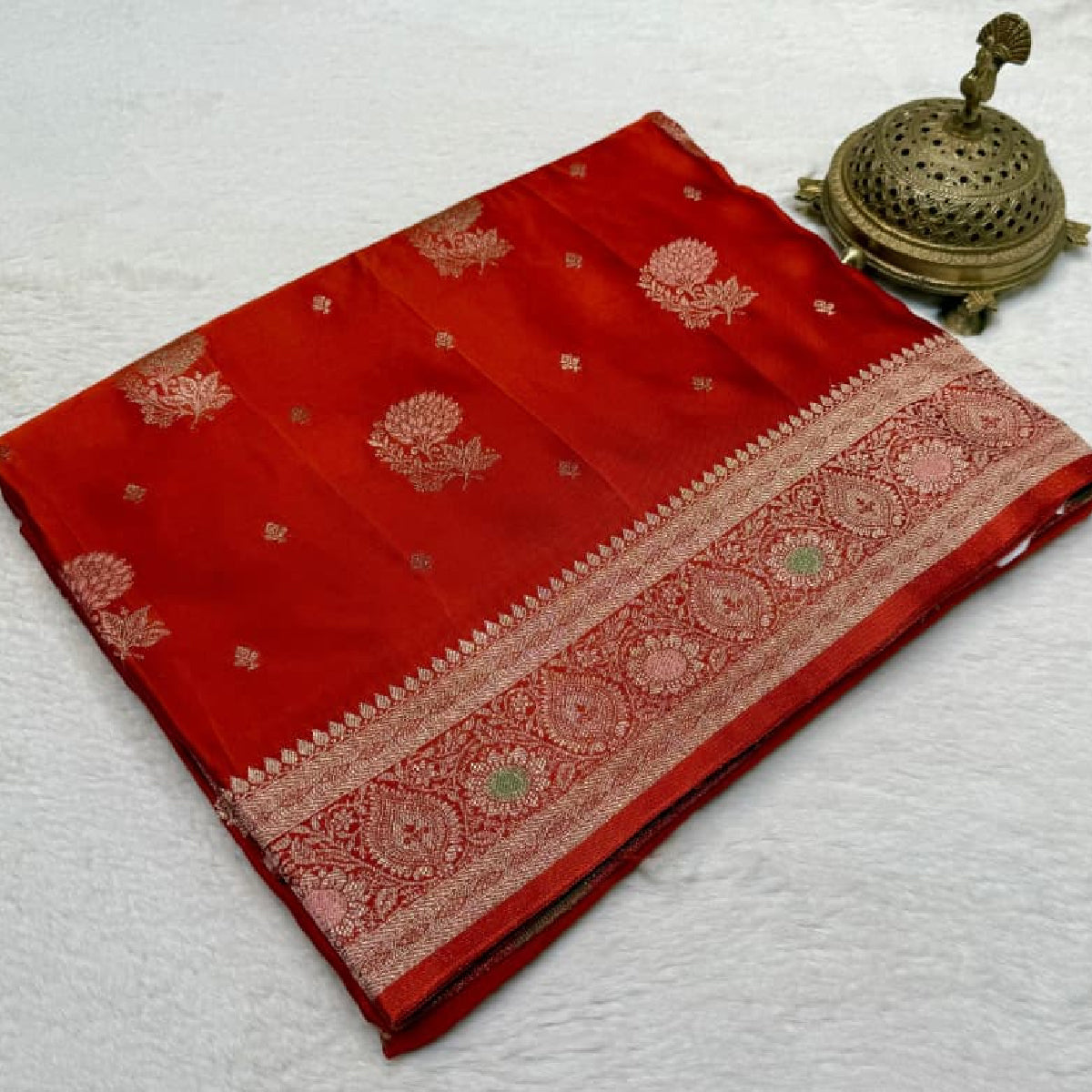 Red Kanchipuram Soft Silk by Icultuer with Heavy Zari Border & Meena Butta