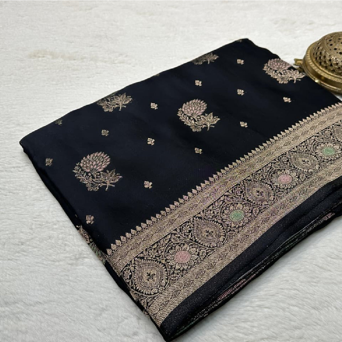 Stunning Black Kanchipuram Soft Silk by Icultuer with Golden Zari Work