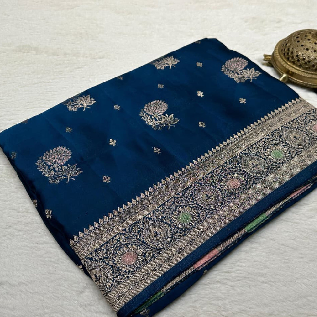 Royal Navy Blue Kanchipuram Soft Silk by Icultuer with Heavy Zari Border