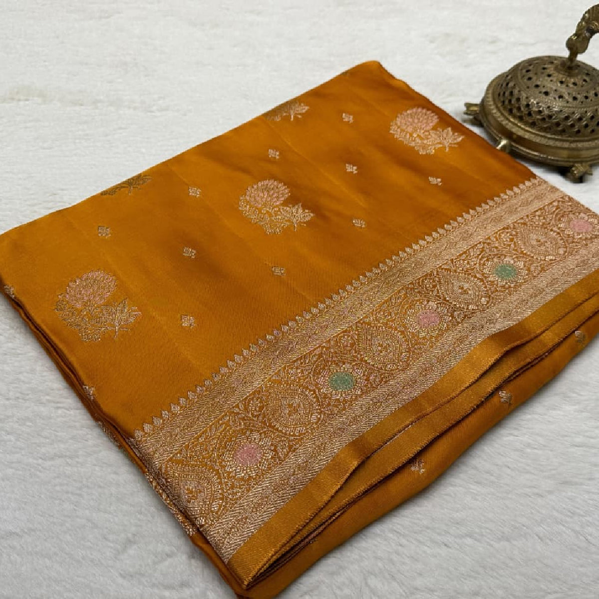 Mustard Yellow Kanchipuram Soft Silk by Icultuer with Gold Zari Work