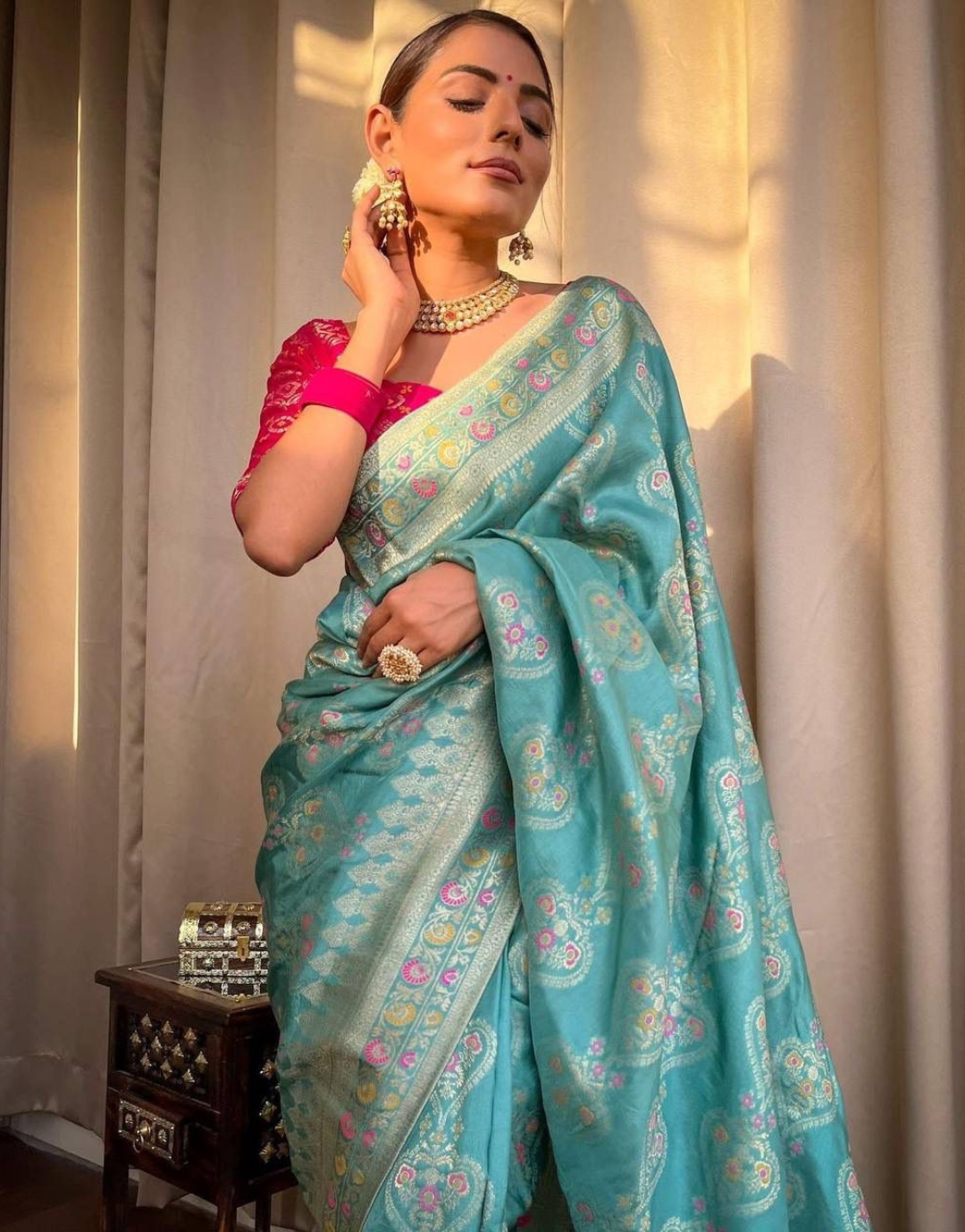 icultural Sky Blue  Soft Banarasi Saree With Attached Blouse
