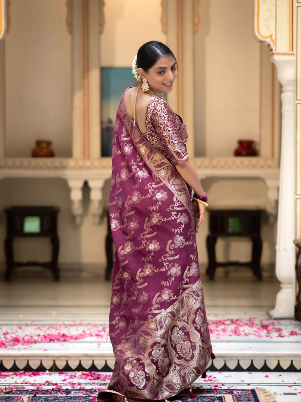 icultural Wine Banarasi Silk Saree WIth Fabulouse Blouse Piece