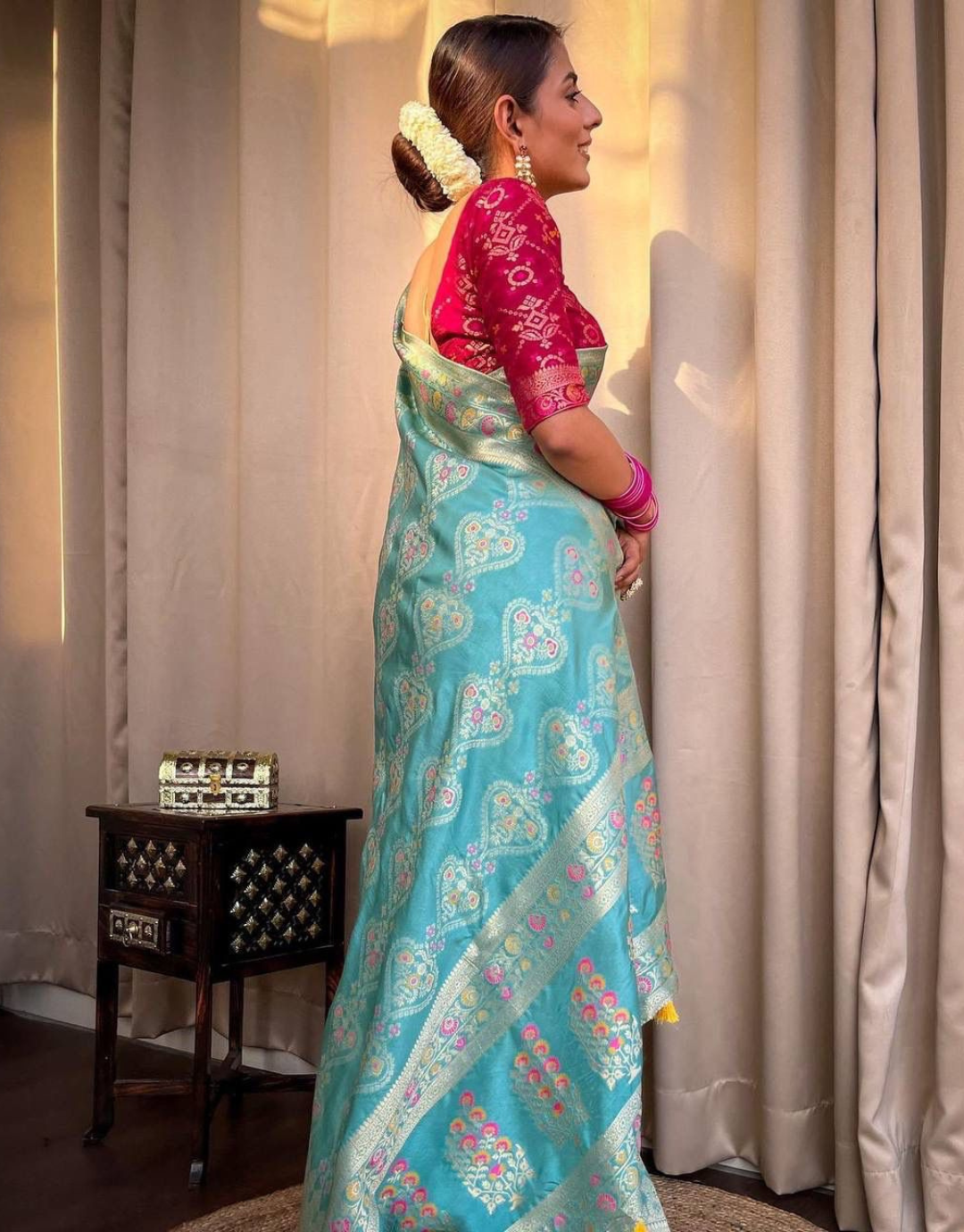 icultural Sky Blue  Soft Banarasi Saree With Attached Blouse
