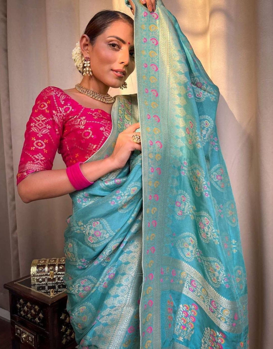 icultural Sky Blue  Soft Banarasi Saree With Attached Blouse