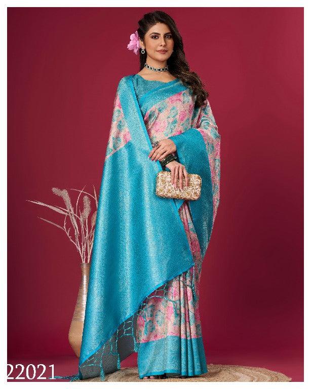Art Meets Elegance: Digital Prints on Soft Silk in Sky Blue