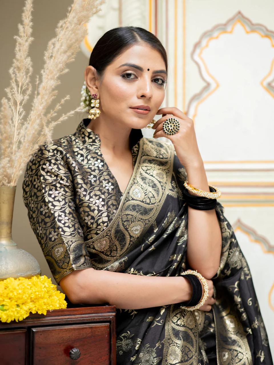 icultural Black Banarasi Silk Saree WIth Fabulouse Blouse Piece