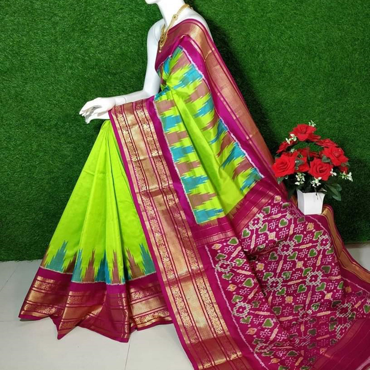Green Fancy Silk Plain by Icultuer With Patola Design Blouse