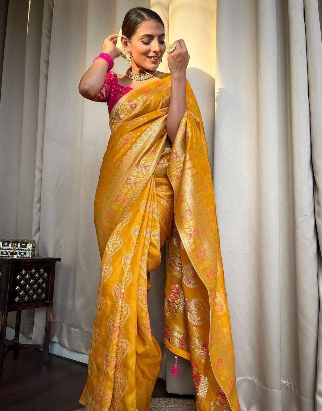 icultural Yellow Soft Banarasi Saree With Attached Blouse