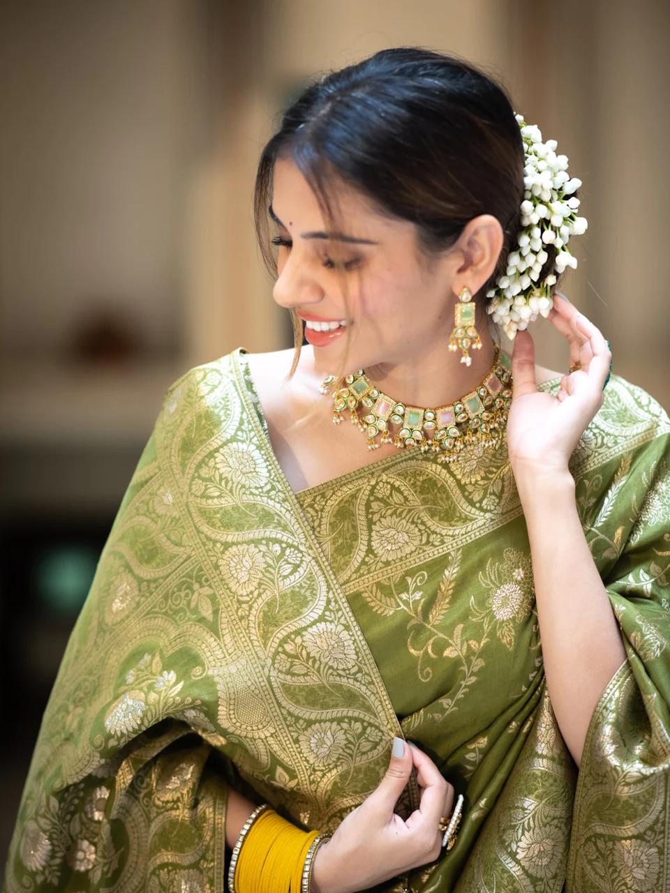 icultural Mahendi Banarasi Silk Saree WIth Fabulouse Blouse Piece