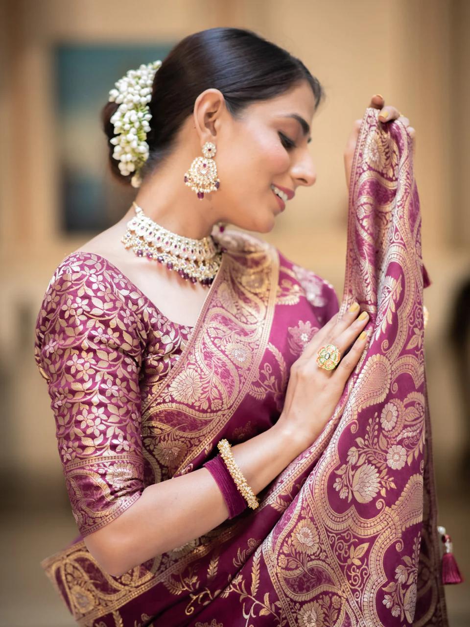 icultural Wine Banarasi Silk Saree WIth Fabulouse Blouse Piece