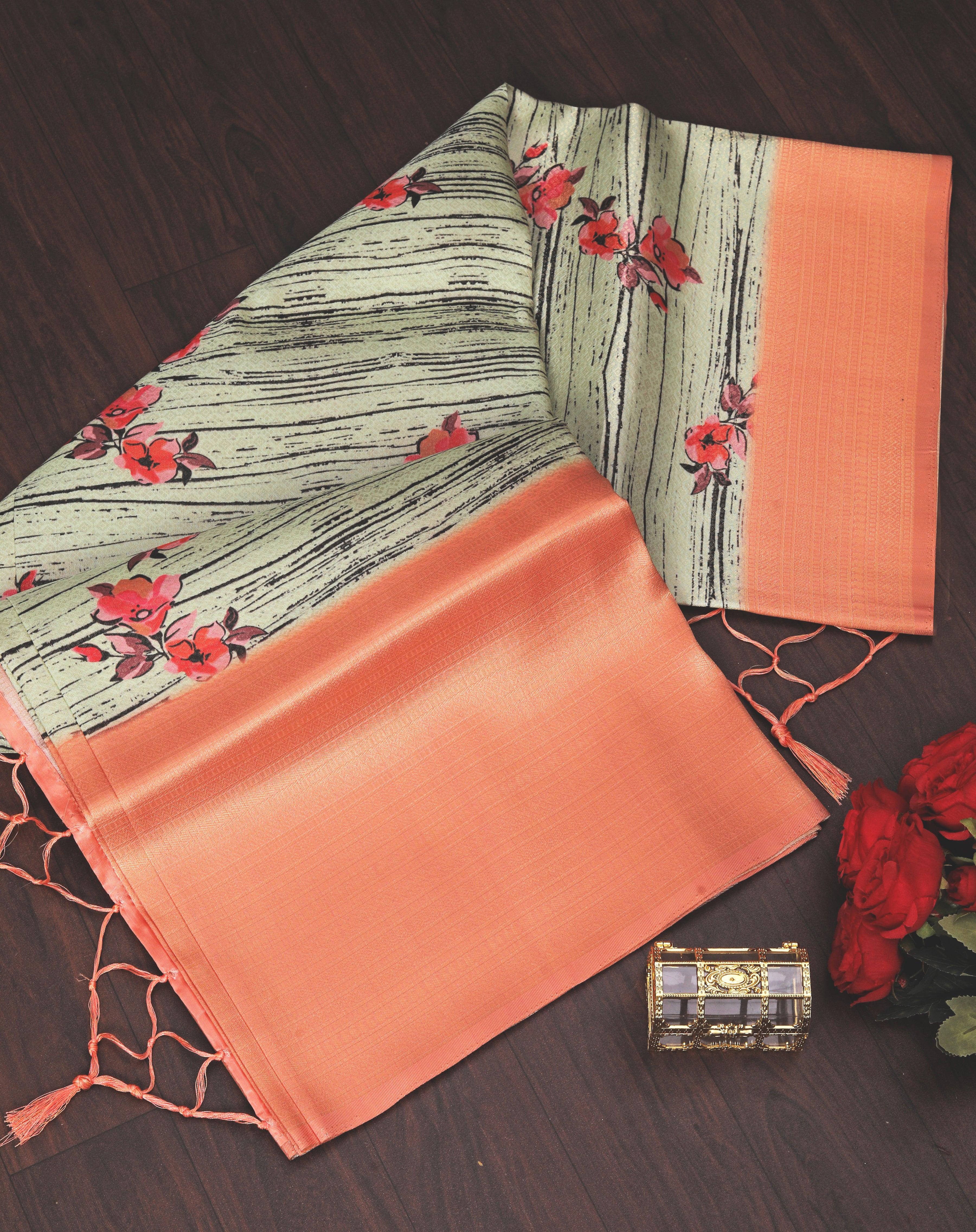 Digital soft silk printed saree in Peach