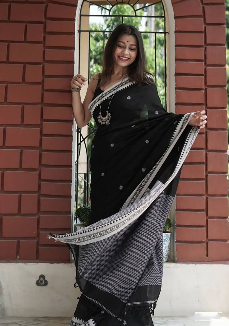 icultural Black Cotton Silk Saree