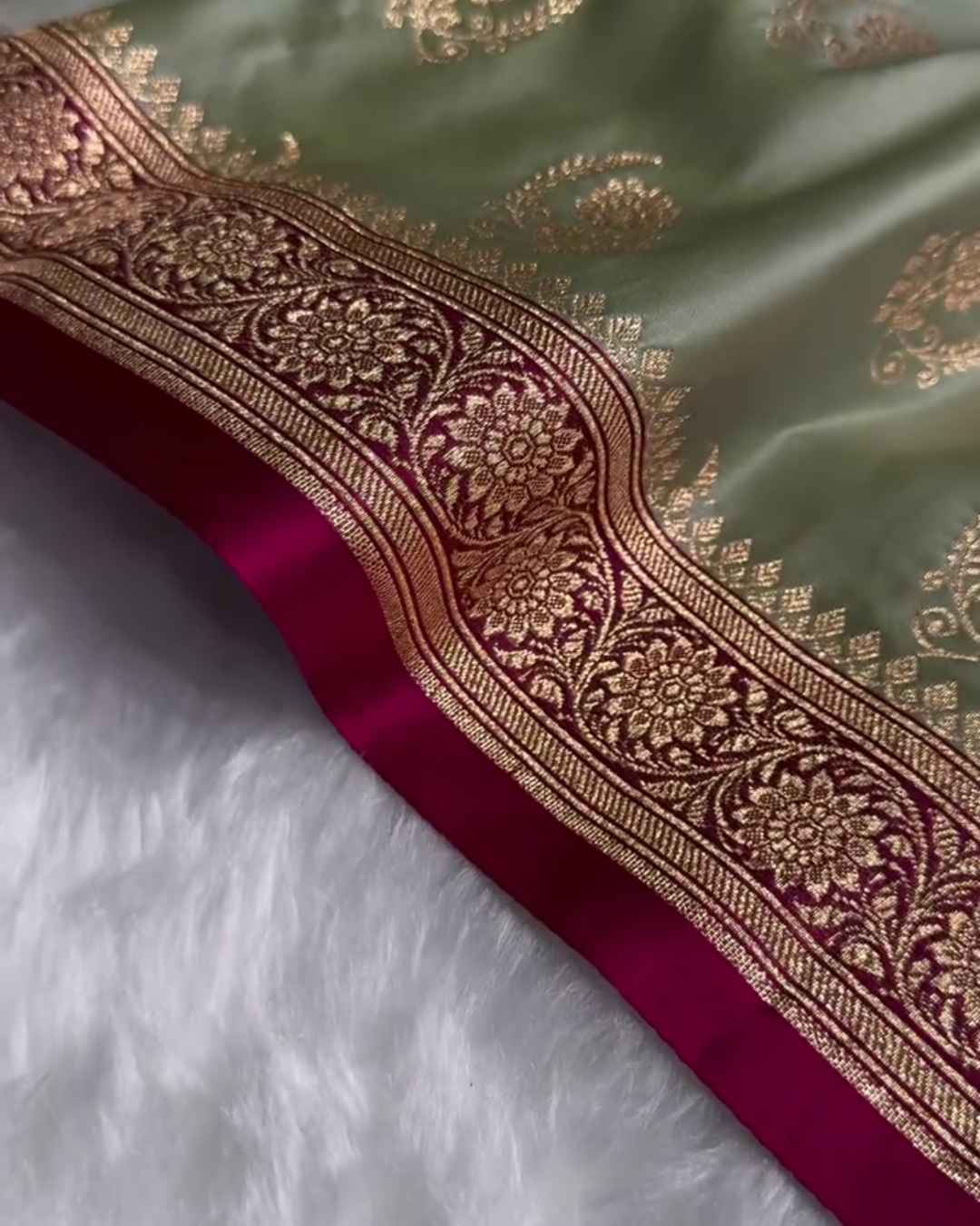 icultural - Green Katan Silk Saree with Zari Boota and Pink Border