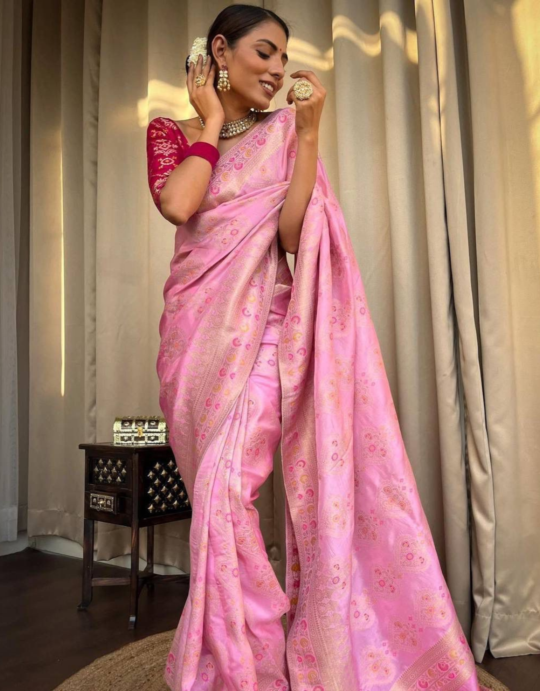 icultural pink Soft Banarasi Saree With Attached Blouse