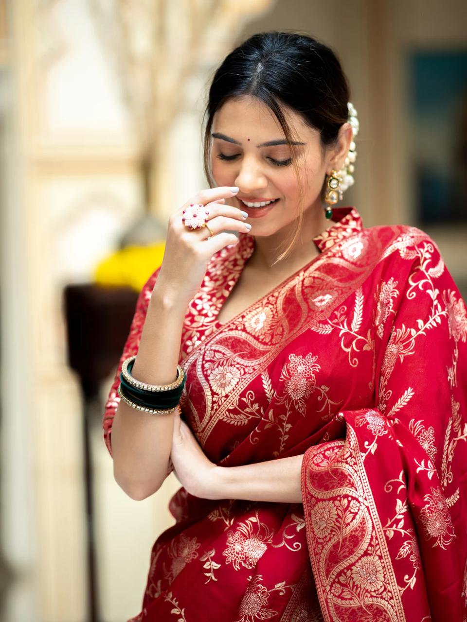 icultural Red Banarasi Silk Saree WIth Fabulouse Blouse Piece
