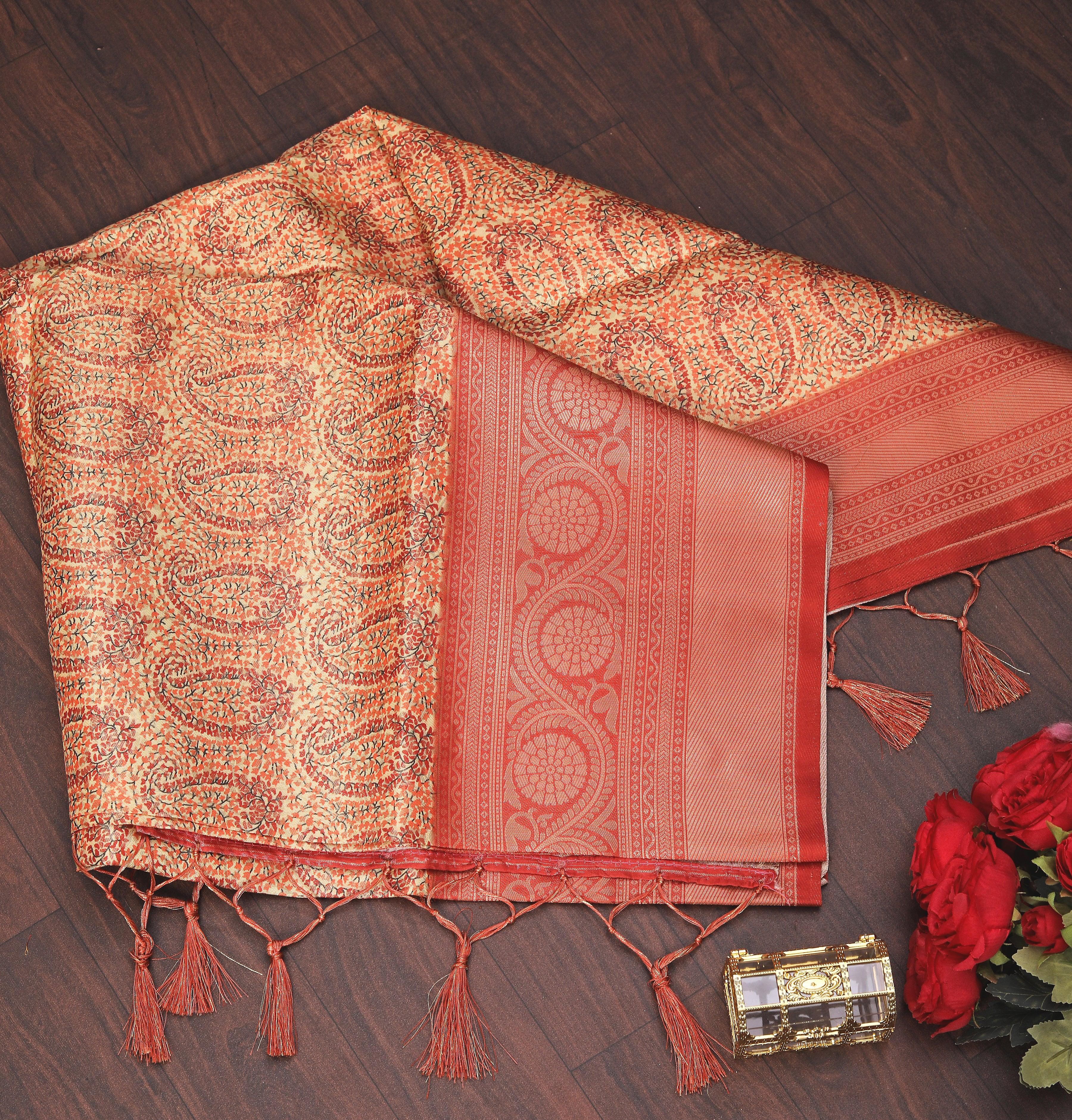 Digital soft silk printed saree in Golden