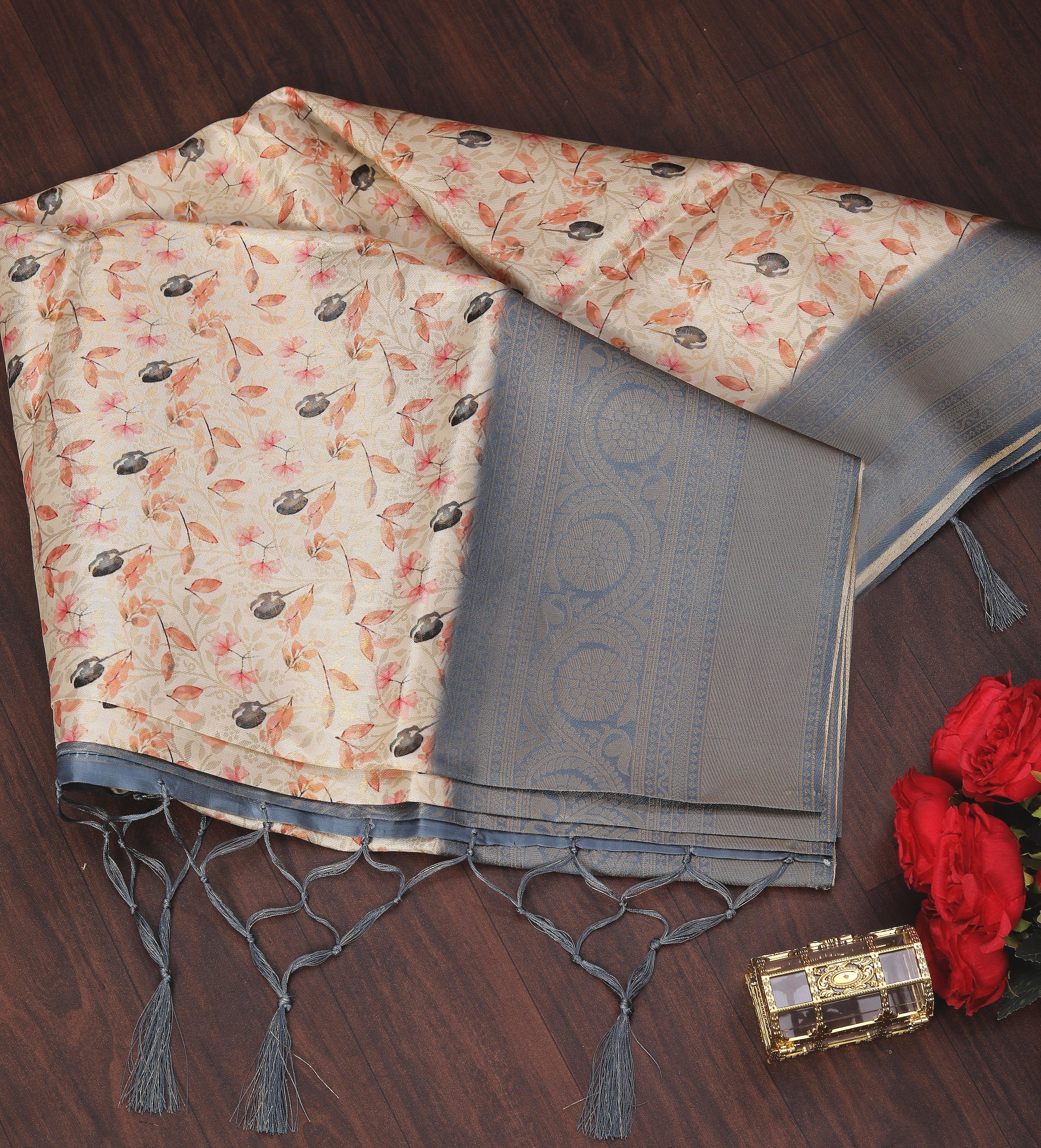 Digital soft silk printed saree in Grey