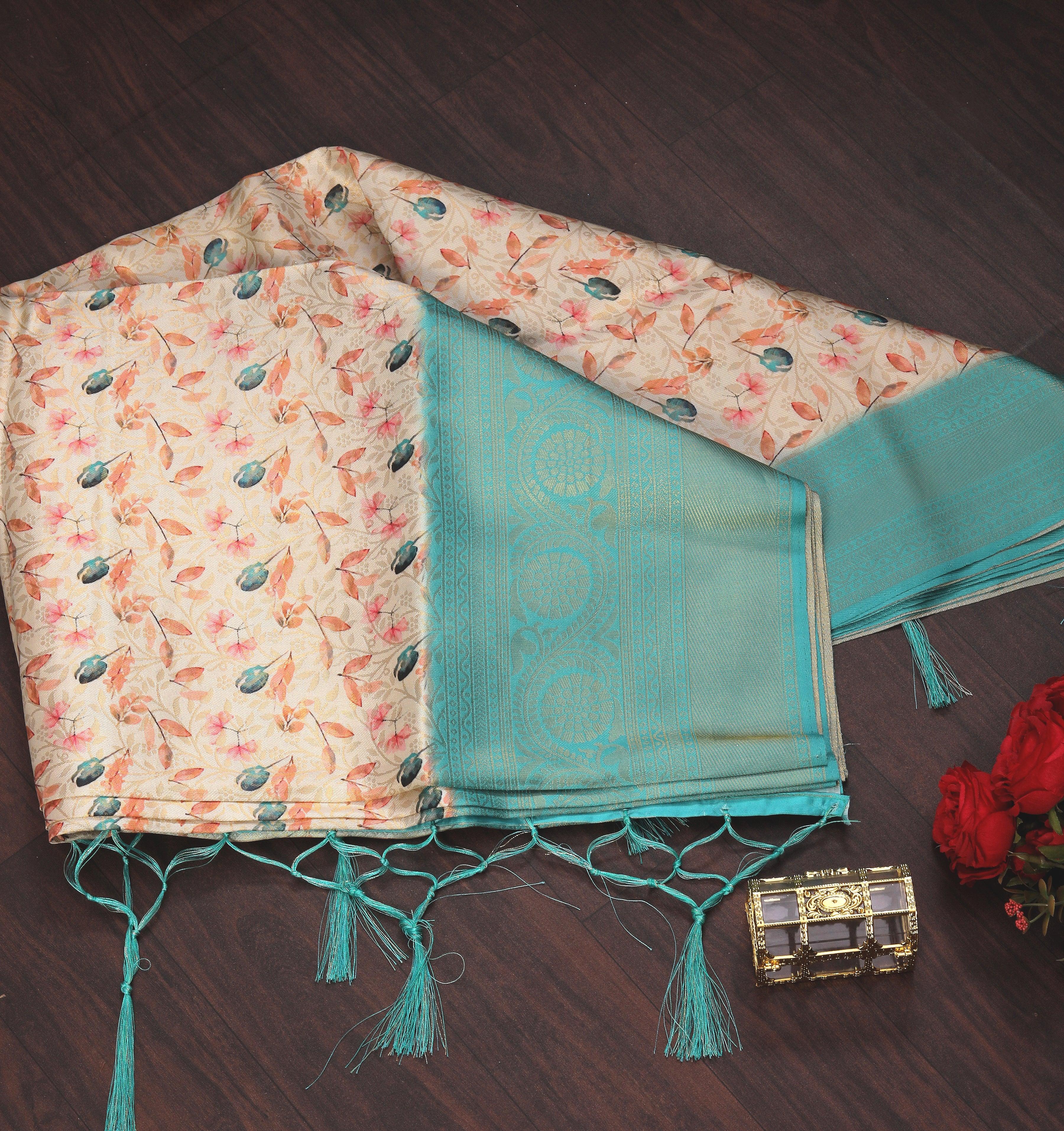 Digital soft silk printed saree in Rama