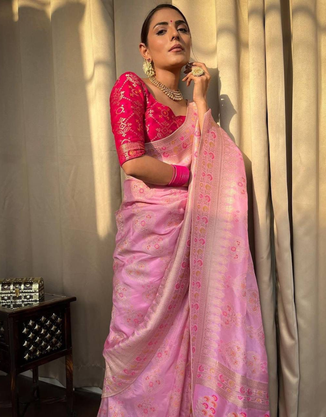icultural pink Soft Banarasi Saree With Attached Blouse