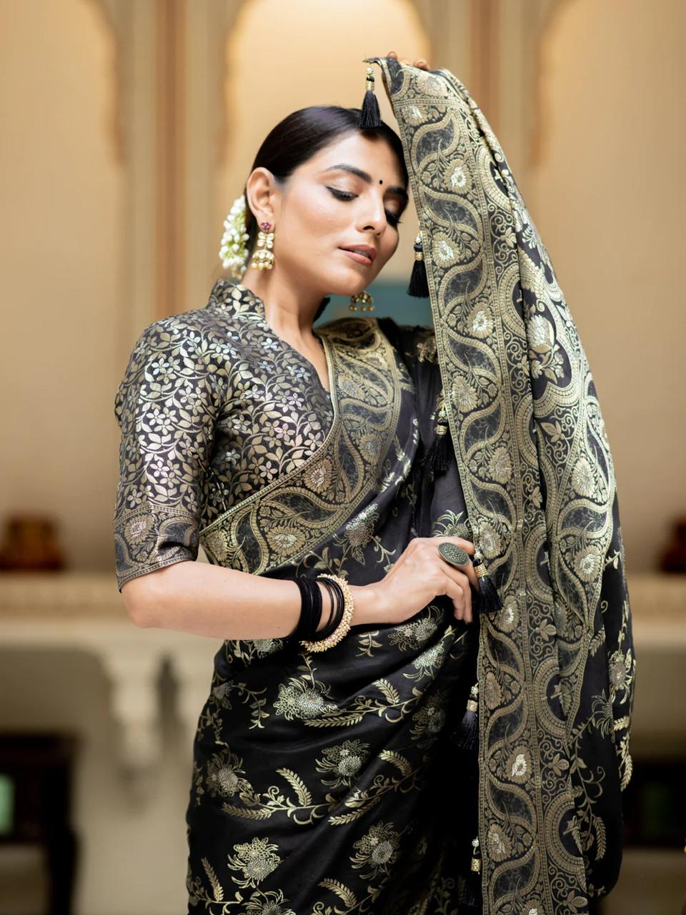 icultural Black Banarasi Silk Saree WIth Fabulouse Blouse Piece