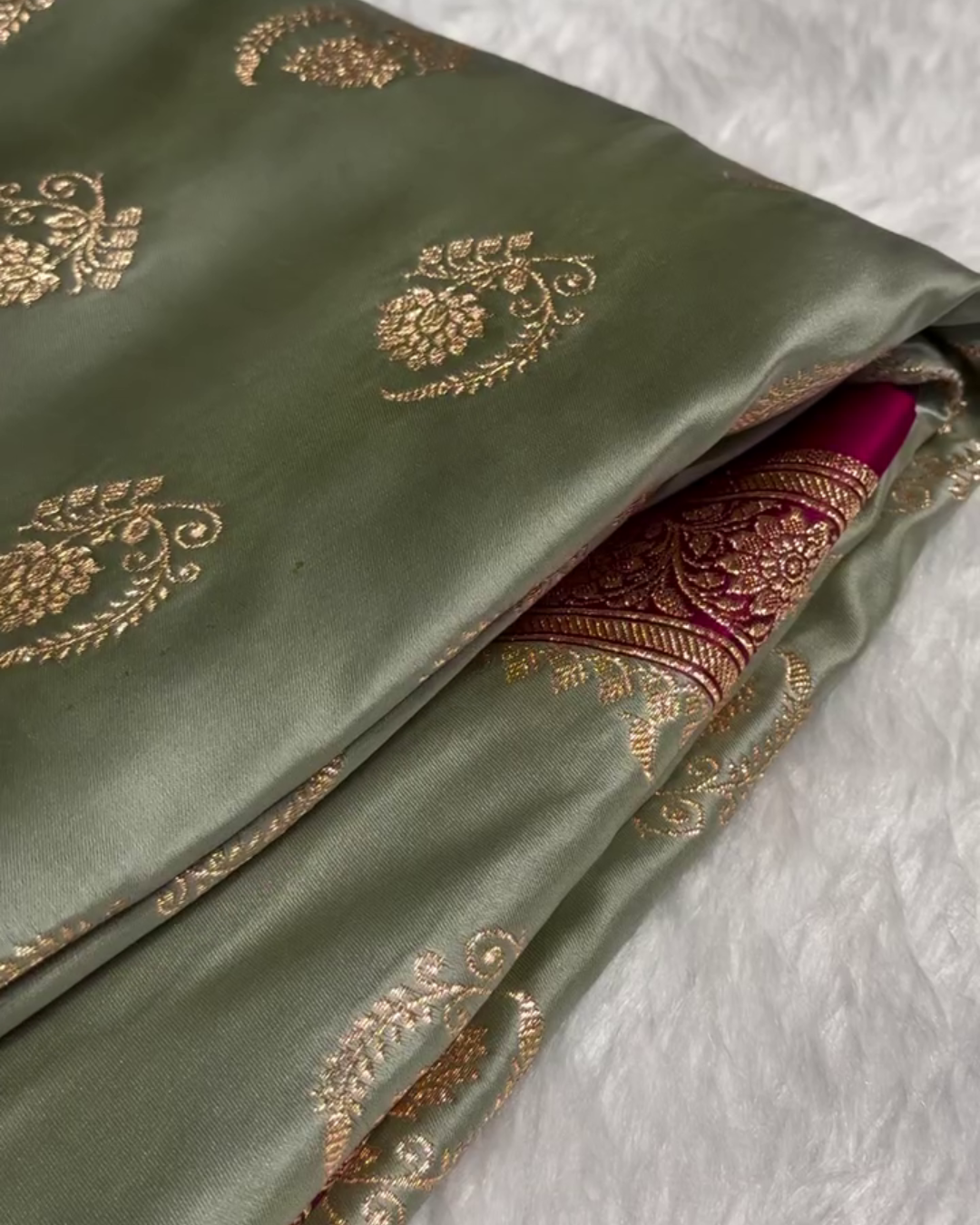 icultural - Green Katan Silk Saree with Zari Boota and Pink Border