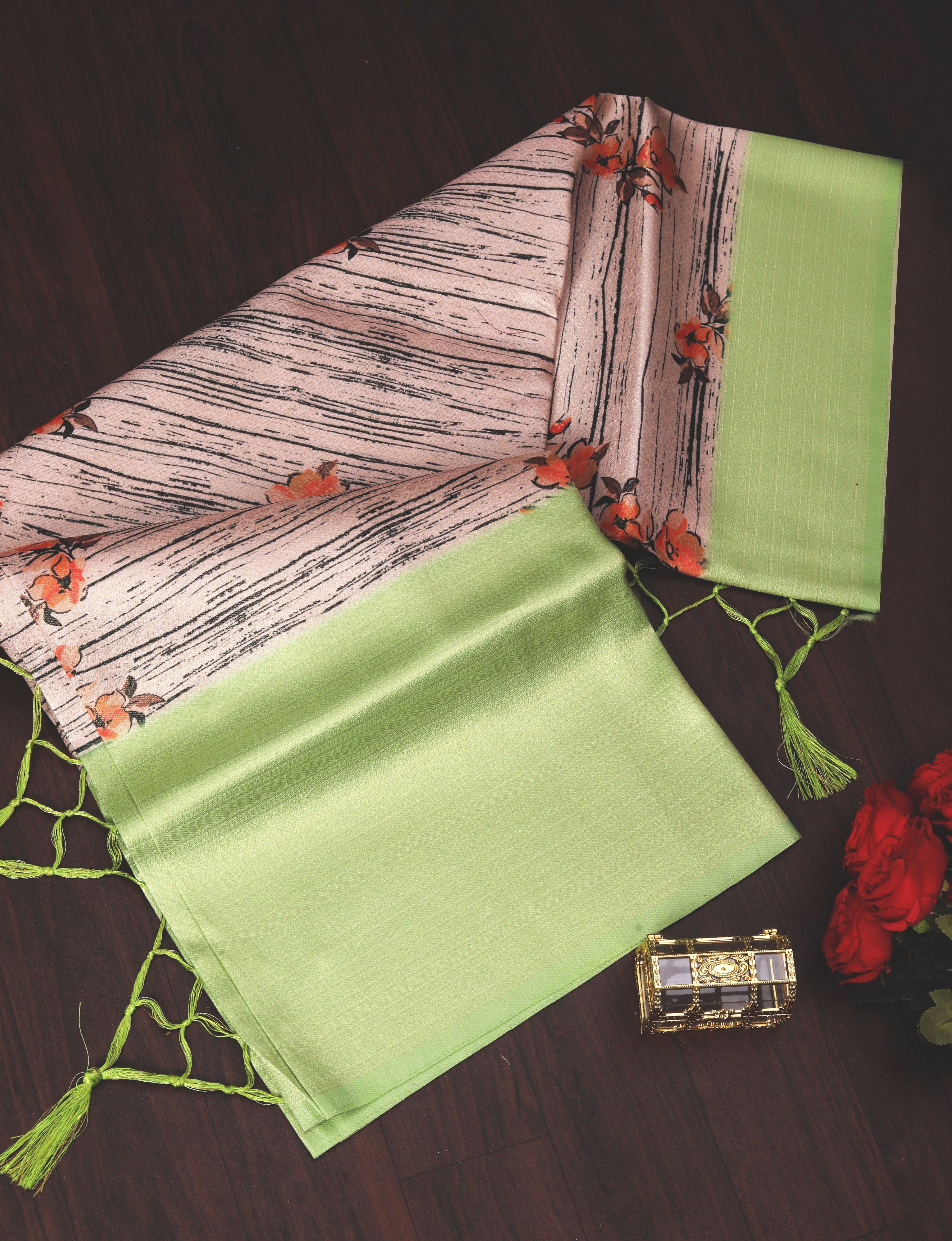 Digital soft silk printed saree in Light green