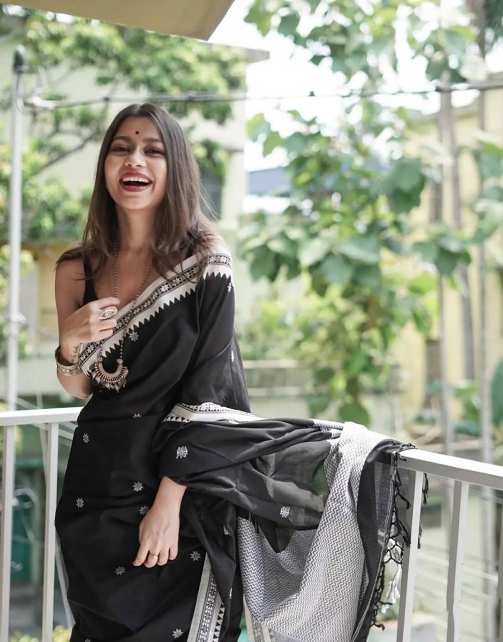 icultural Black Cotton Silk Saree