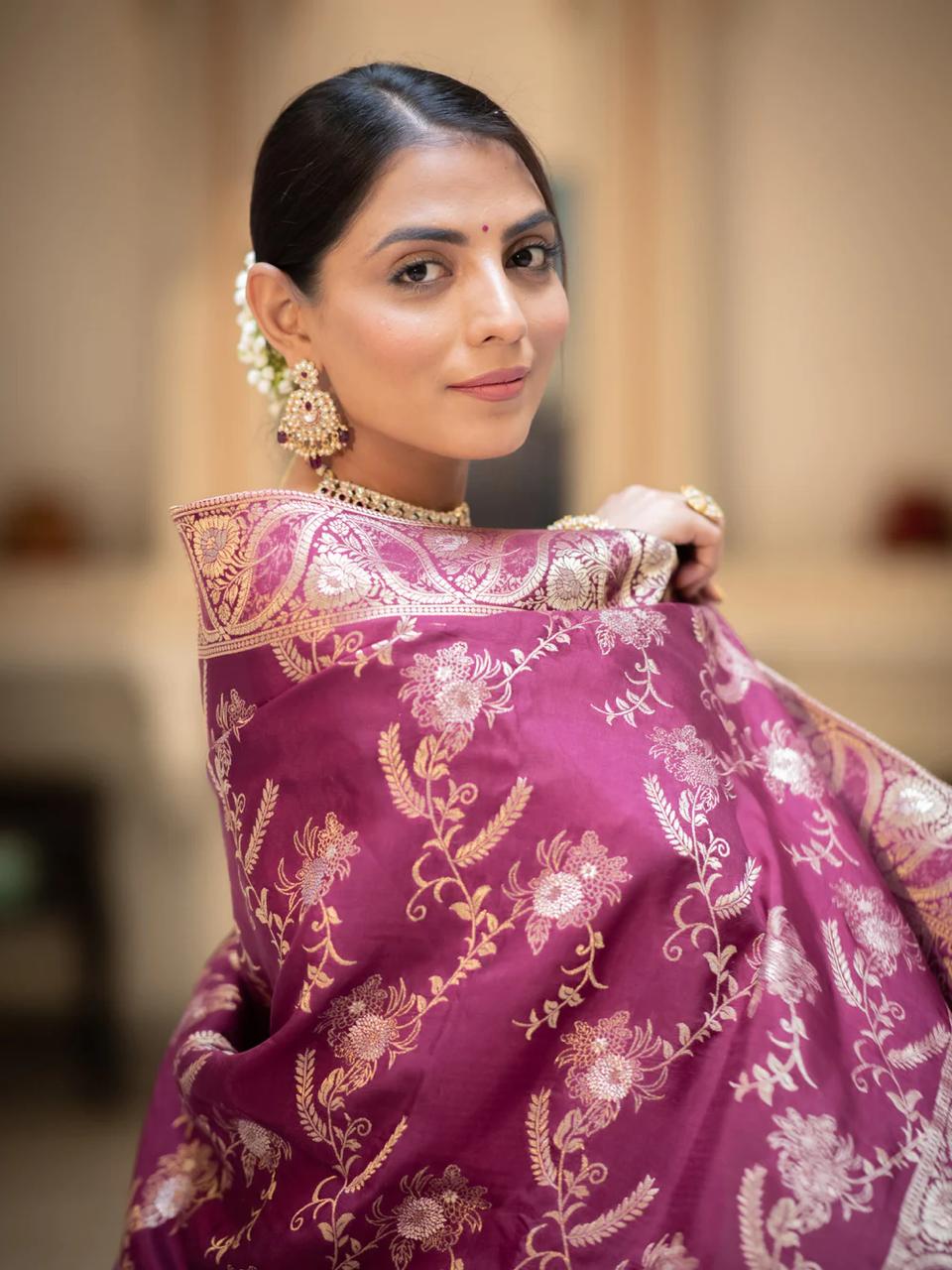 icultural Wine Banarasi Silk Saree WIth Fabulouse Blouse Piece