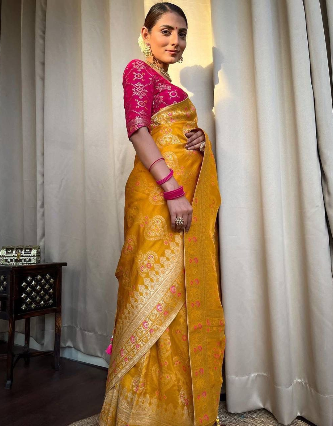 icultural Yellow Soft Banarasi Saree With Attached Blouse
