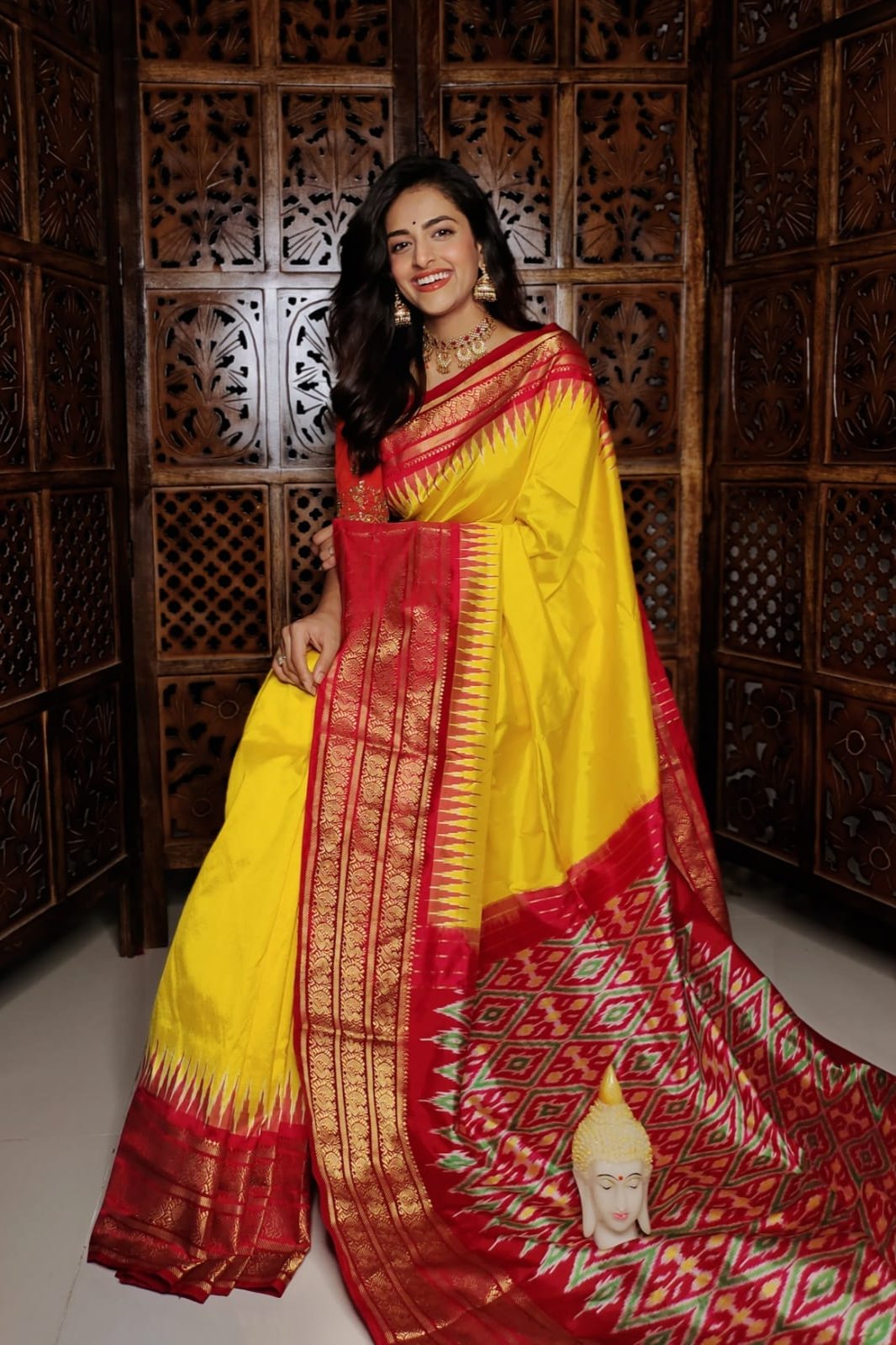 Yellow Ikkat Printed Handloom Soft Silk by Icultuer