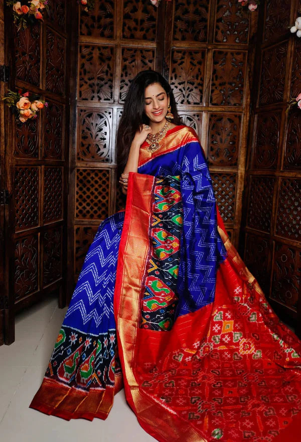 Blue & Red Printed handloom Soft Silk by Icultuer