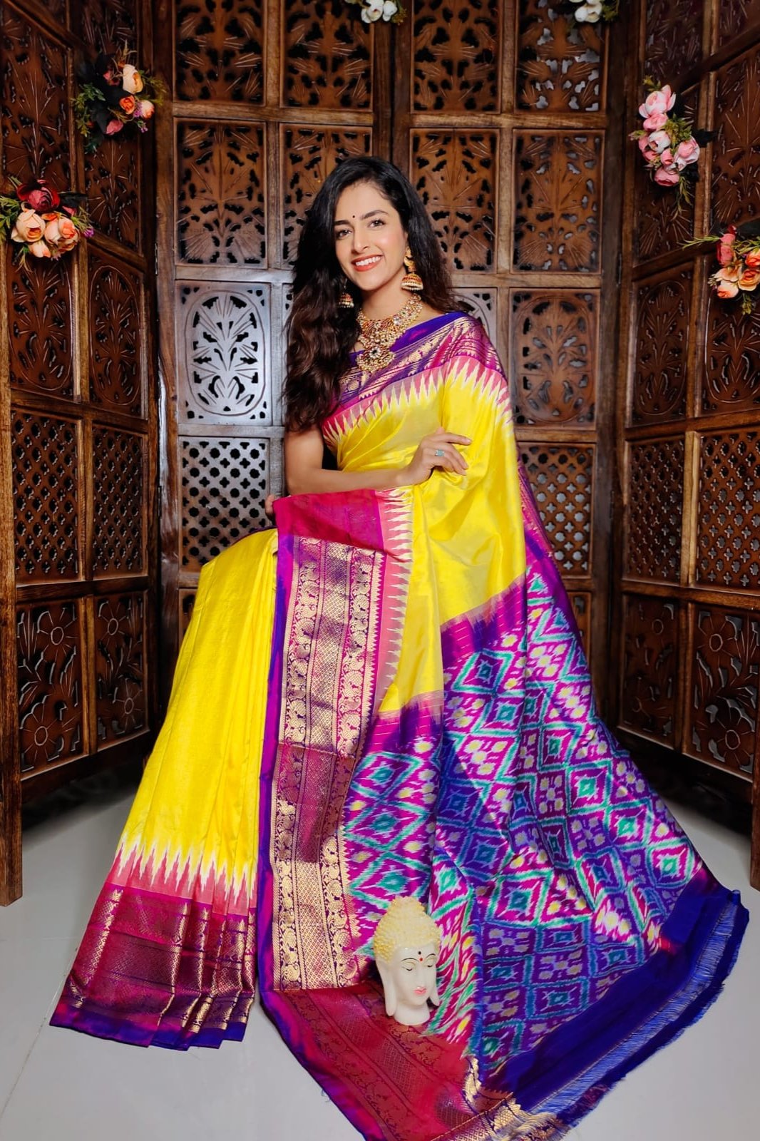 Yellow Ikkat Handloom Soft Silk by Icultuer