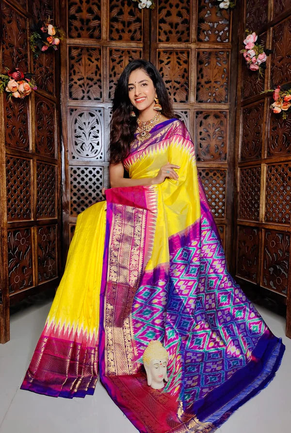 Yellow & Purple ikkat  Printed handloom Soft Silk by Icultuer