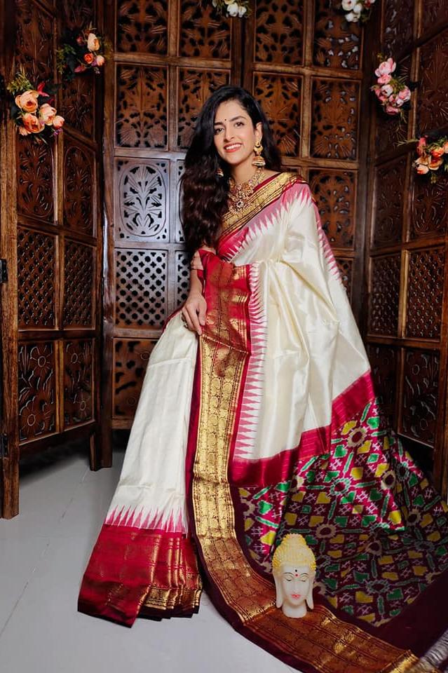 White Ikkat Handloom Soft Silk by Icultuer
